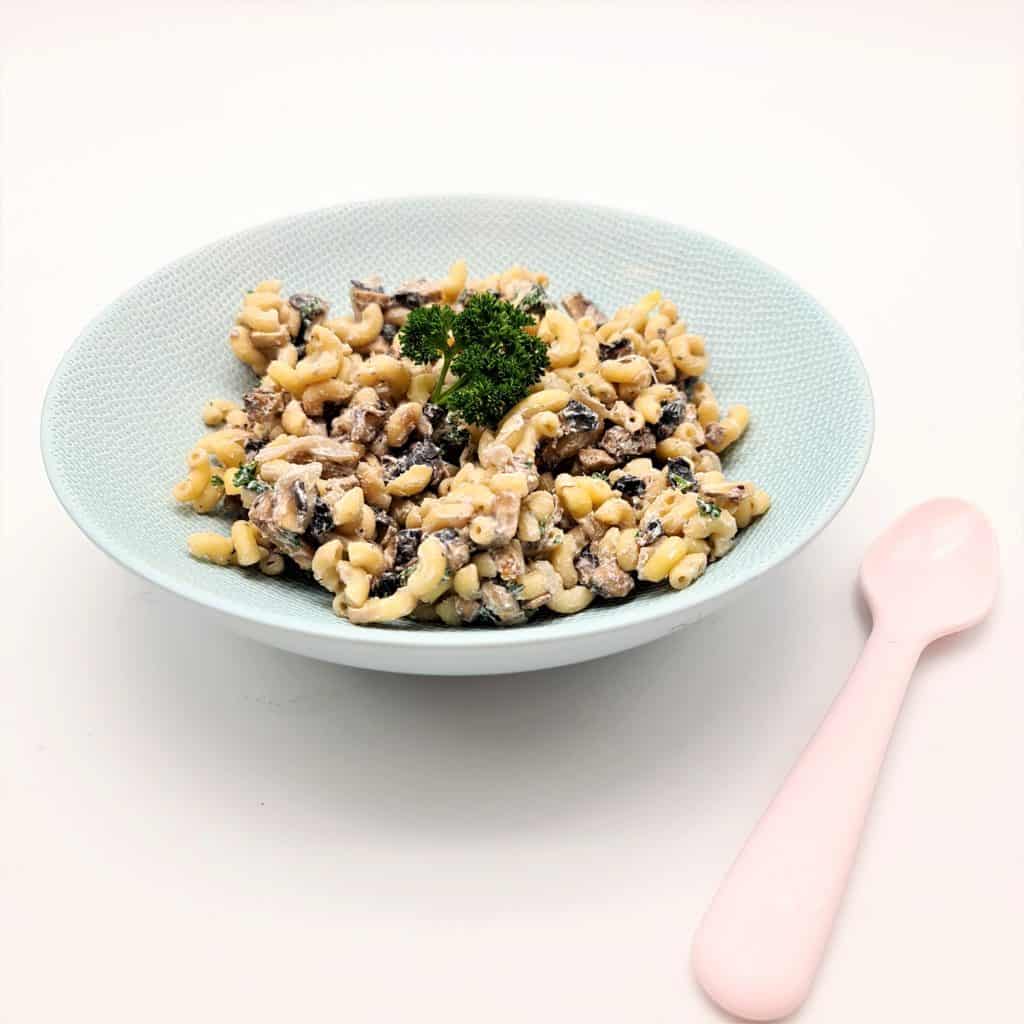 Les coquillettes ricotta champignon seront parfaites pour un repas complet en DME. Cette recette est à déguster à la cuillère.
