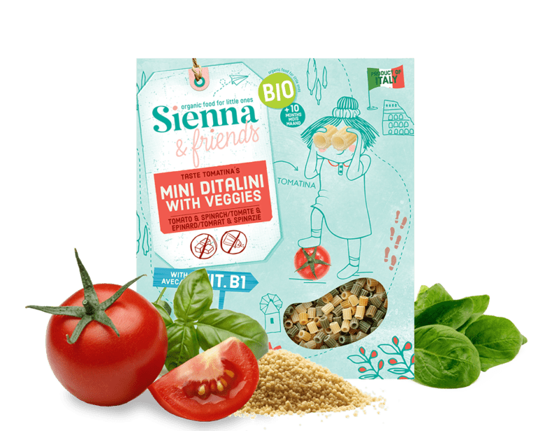 Mini ditalini biologiques de Sienna Friends, des pâtes pour réaliser la DME avec les bébés et les enfants.