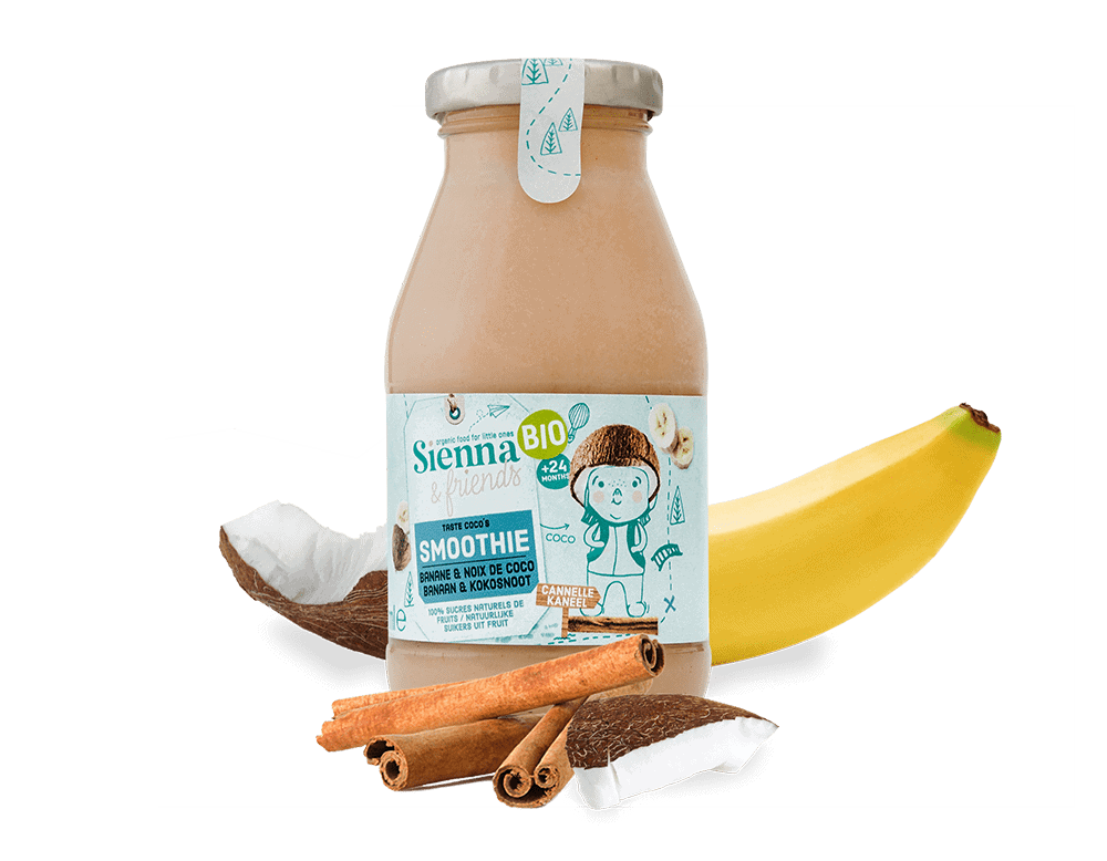 Le smoothie banane noix de coco de Sienna Friends pour le goûter de bébé en DME.