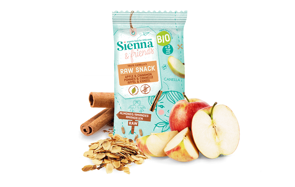 Le goût de la pomme et de la cannelle dans le snack cru de Sienna Friends.