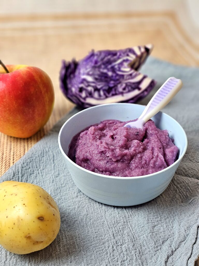 Préparez une purée saine et colorée au chou rouge et à la pomme, parfaite pour les bébés dès 6 mois en DME !