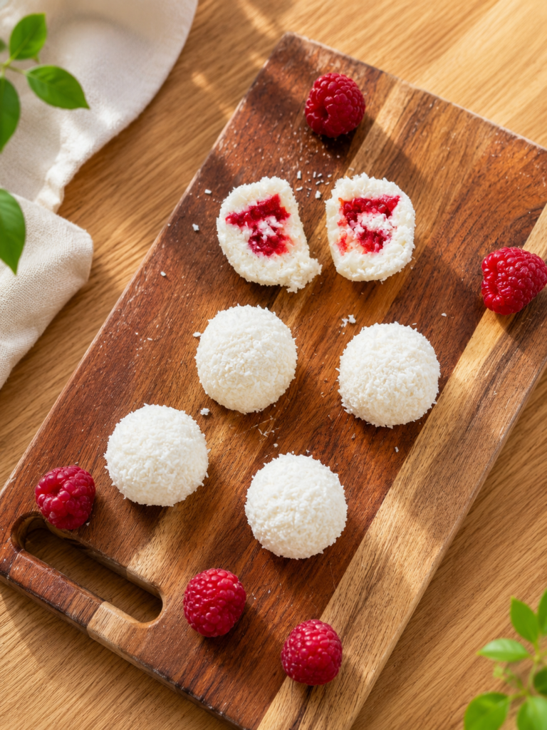 Kokosballetjes voor baby's vanaf 6 maanden: een eenvoudig recept RAPLEY-METHODE met frambozen, smeltend in je mond en zonder bakken, ideaal als tussendoortje.